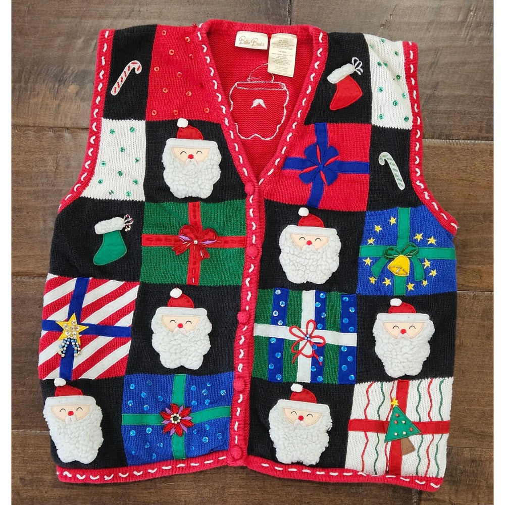 VTG Whimsical Holiday Gramdma Christmas Sweater Vest Santa Patchwork Beaded XL